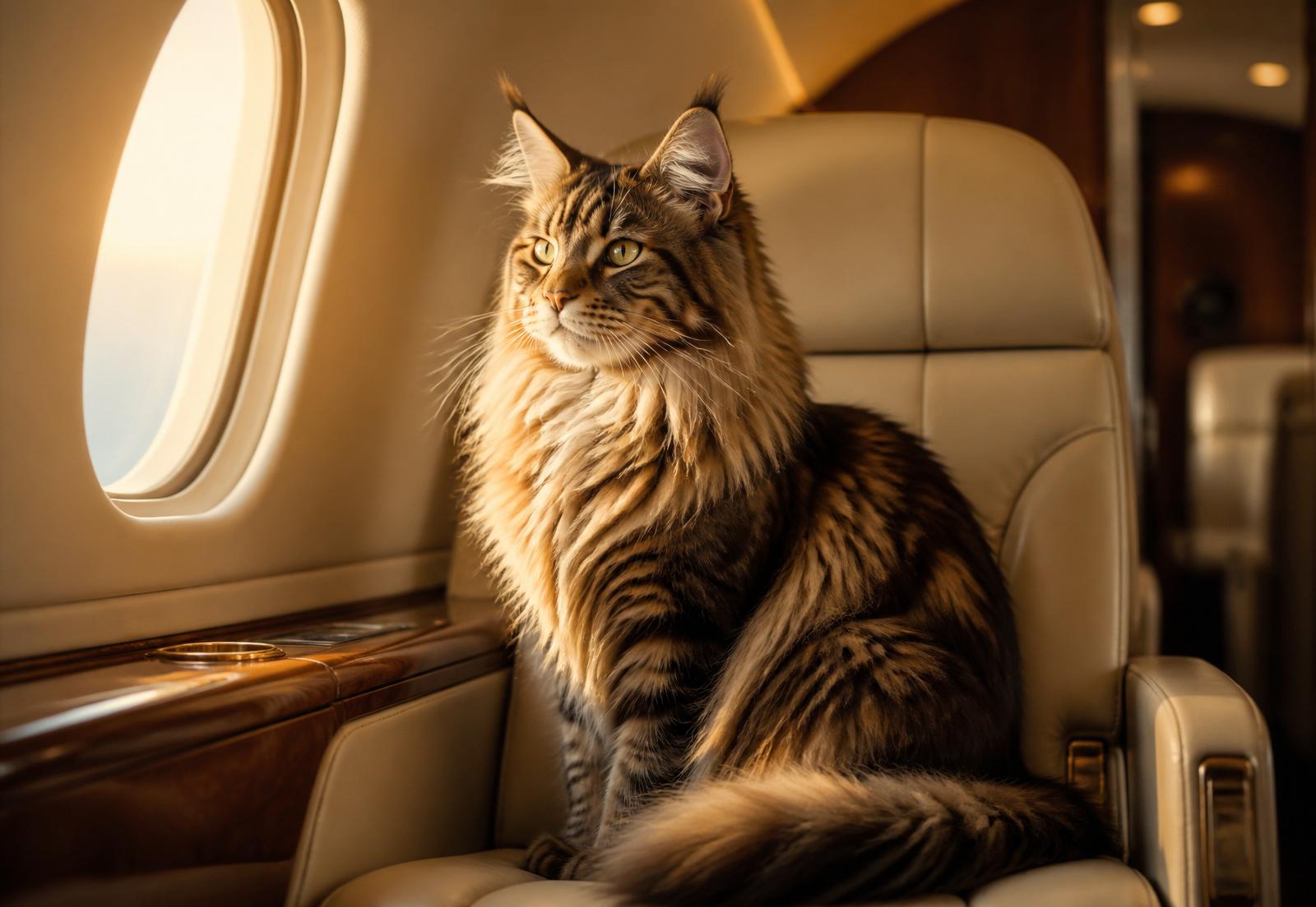 Majestic Maine Coon cat sitting on a cream leather private jet cabin seat, warm golden hour light