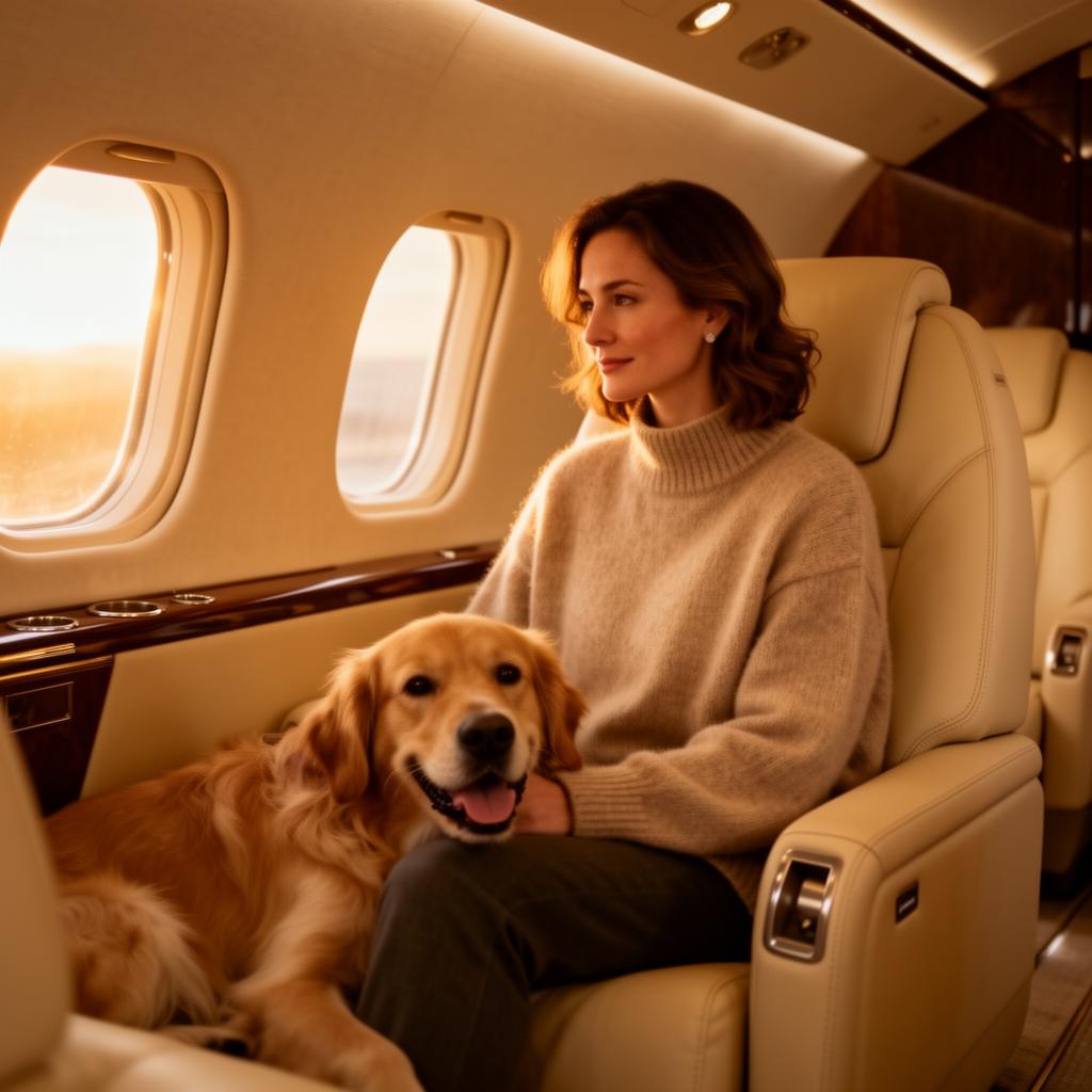 Owner with golden retriever relaxing in private jet cabin at golden hour