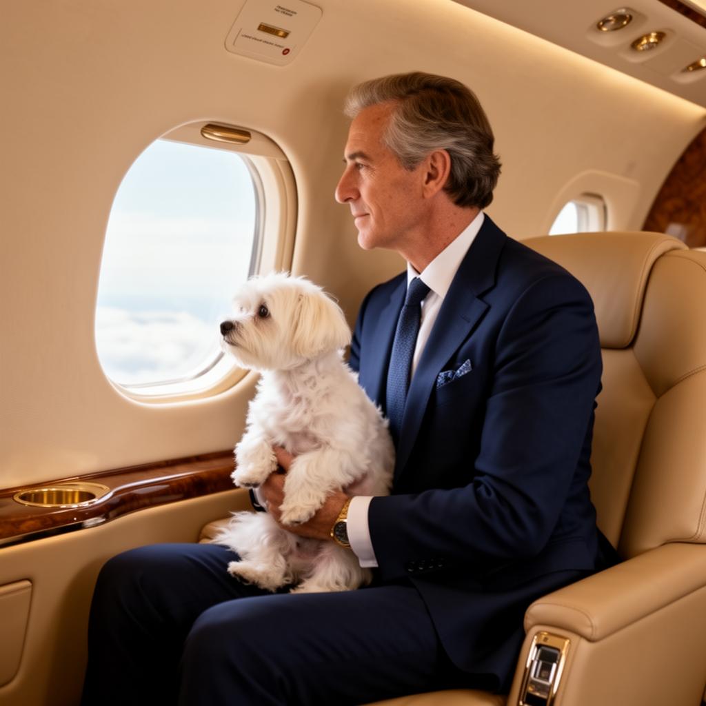 Gentleman with maltese dog looking out private jet window mid-flight