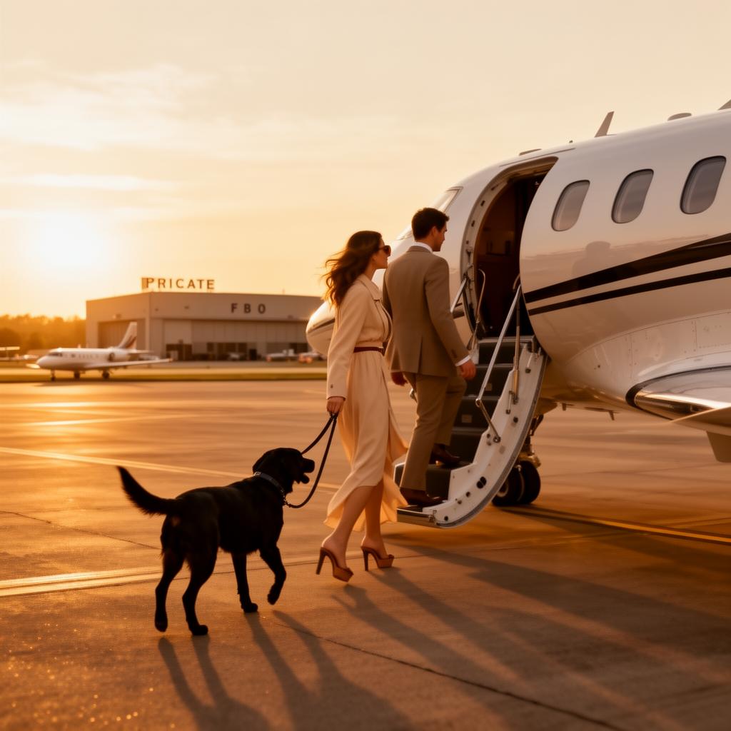 Couple boarding private jet with their black labrador at sunset FBO