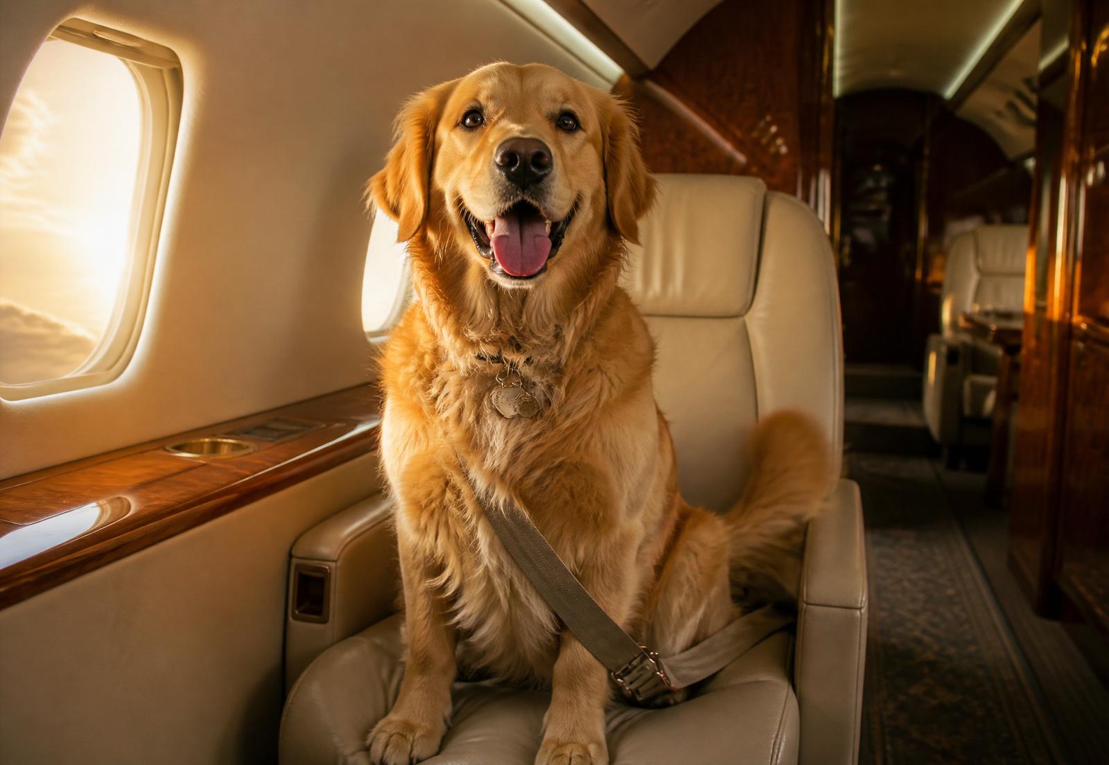 Happy golden retriever sitting on a private jet cabin seat at golden hour